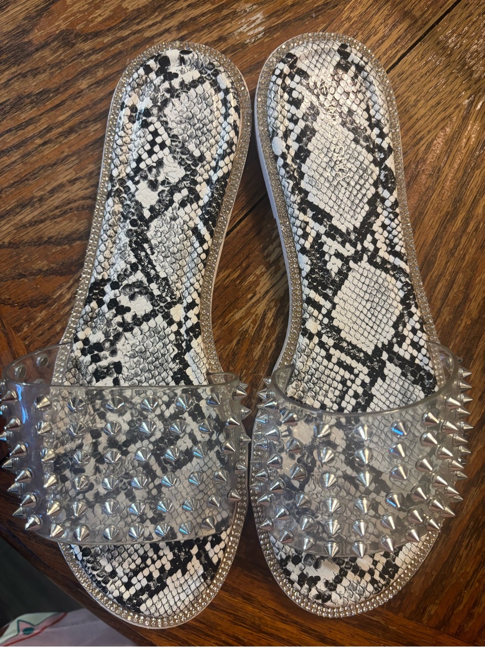 Clear Spike Slide Sandals in Black & White Snake Print